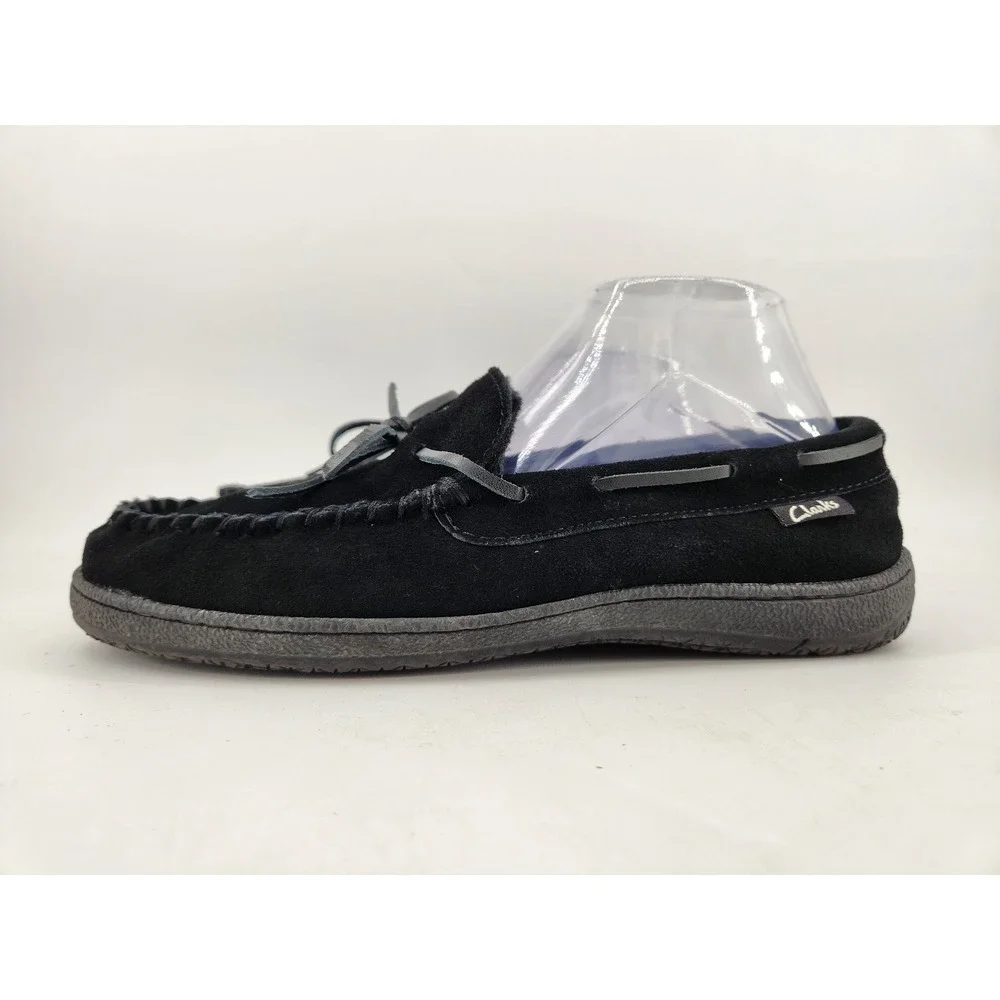 Clarks Moccasin Slippers Mens 9M Black Leather Suede Faux Fur Lined 22SH-011